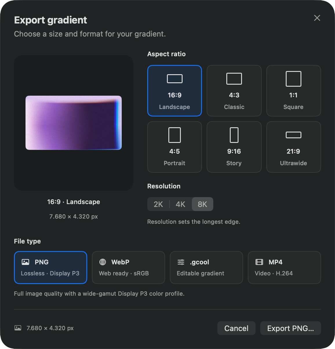 Export controls showing six aspect ratios, 2K to 8K resolution, and PNG, WebP, .gcool and MP4 file types.